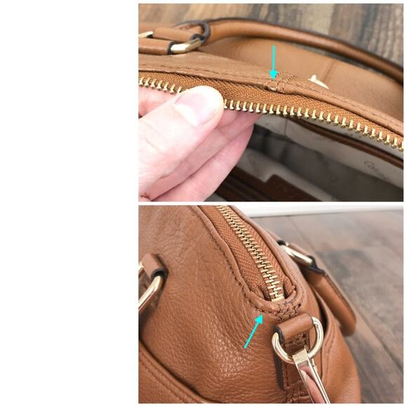 Calvin Klein Pebbled Leather Satchel Bag Dual Handle Exterior Pockets Brown Gold - Picture 7 of 16